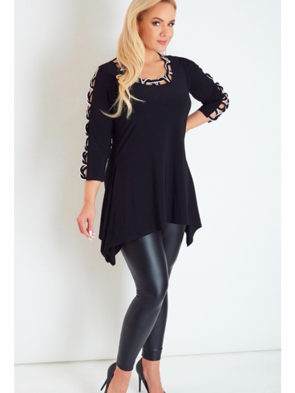 Joseph Ribkoff Black Tunic Dress with White Contrast Loop Neckline
